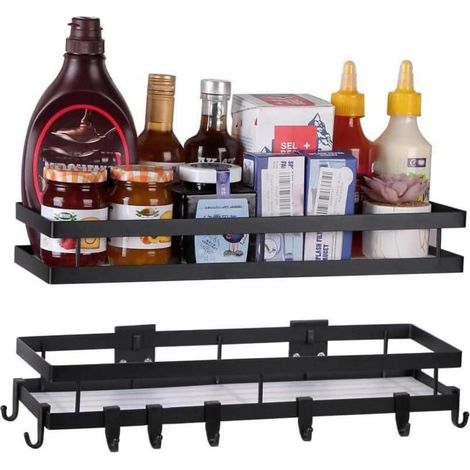 YunNasi Gewürzregal Küchenregal Schwarz Metall 2 Etagen 8 Haken 40cm (1/5)