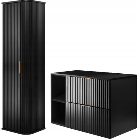 Rodan Badmöbel Set Schwarz Matt mit Ablage, Waschbeckenunterschrank 46 x 80 x 57 cm und Hochschrank 35 x 139 x 31 cm, feuchtraumgeeignet