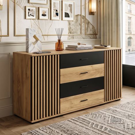 Creahappy Buffet Enfilade 140x35x70 cm - Grand Espace de Rangement Salon - Style Contemporain Façade Rainurée - Chêne et Noir (1/5)