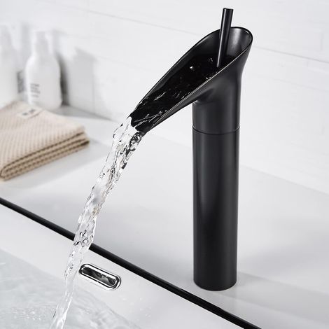 Black Bathroom Faucet, Waterfall Bathroom Faucet Black Sink Mixer Retro Single Lever Bathroom Mixer Tap, Brass High Counter Sink Faucet Hand Wash Basin Faucet (1/5)