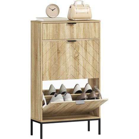 Meuble à chaussures 8 paires avec tiroir coulissant, 2 tiroirs rabattables, étagères réglables, 60x24x105,5cm, chêne (1/5)