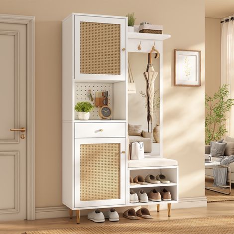 Garderoben-set mit schuhbank spiegel haken schuhschrank kommode mit 2 rattantüren 1 schublade offenem schuhregal und lochwand für flur 99x35x180 cm weiß und natur (1/5)