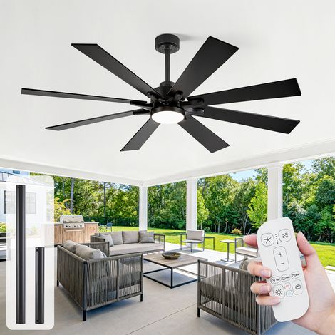 MSHENUED Deckenventilator mit Licht und Fernbedienung, Industrie leiser Gleichstrommotor, 5 einstellbare Farbtemperaturen, 8 umkehrbare schwarze Flügel, für Wohnzimmer Garage – 157 cm (1/5)
