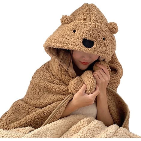 Couverture d'hiver à capuche, épaisse, douce, moelleuse, chaude, portable, convient aux enfants et aux adultes, marron, 120 x 123 cm (1/5)