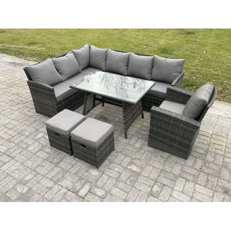 Fimous Wicker Rattan Garden Furniture Corner Sofa Set with Oblong Dining Table 2 Small Footstools Chair 9 Seater Outdoor Rattan Set Dark Grey Mixed