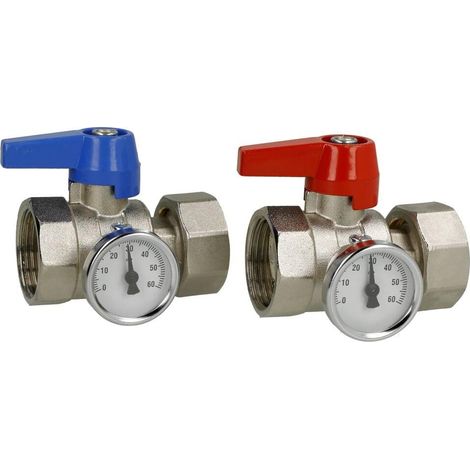 Set de robinets à bille droit 1'' avec thermomètre pour collecteur SilverTec