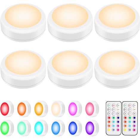6 spots LED RGB avec télécommande - 13 couleurs, variateur et minuterie - Éclairage adhésif sans fil sous meuble (1/5)