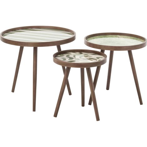 Set de 3 tables basses rondes vert olive - Vert olive et bois (1/5)