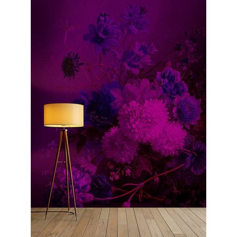 Papier peint panoramique floral violet & bleu | Tapisserie panoramique cuisine fleurie originale | Papier peint panoramique bureau & chambre adulte - 270 x 300 cm (3 pièces) (1/5)