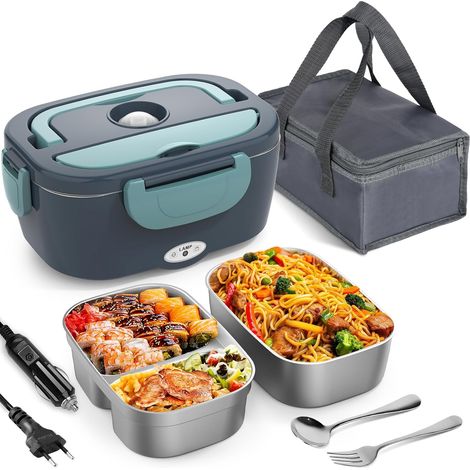 Lunch box elettrico da 80 W per adulti con borsa, forchetta e cucchiaio in acciaio inossidabile e 2 contenitori per il pranzo da 1,5 l, 3 in 1 12/24/110230 V a prova di perdite per auto e camion (1/5)