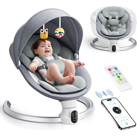 Transat bébé électrique Bluetooth – Balancelle berceuse pour nouveau-né, harnais 5 points, 5 vitesses de balancement, 3 minuteries, télécommande + appli, 0-6 mois (9 kg) (1/5)