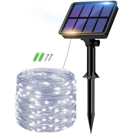 Set di 2 luci a stringa solari da esterno, lunghezza totale 12 m, 100 LED, impermeabili, luminose, 8 modalità, luci natalizie decorative per cortile esterno, bianco caldo