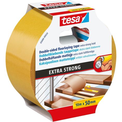 tesa Extra Strong Ruban Adhésif Double Face de Fixation pour Sols Irréguliers - Rouleau Auto-Adhésif Antidérapant pour Moquette et Revêtements de Sol en PVC - 10 m x 50 mm (1/5)