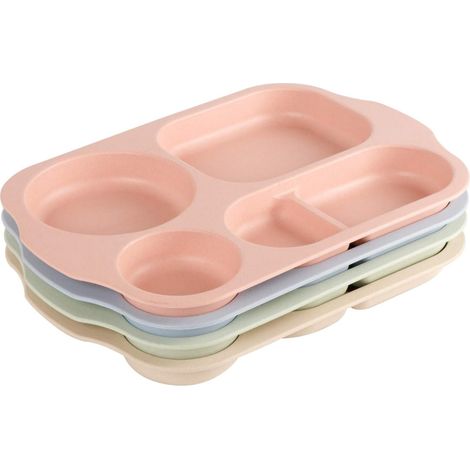 Assiette 5 Compartiments - 30 x 21 cm - Sans BPA - Micro-ondes et Lave-vaisselle - Réutilisable - Pour Enfants et Adultes - Lot de 4