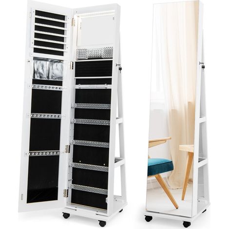 Mobile portagioielli su ruote 40 x 38 x 163 cm specchio illuminato contenitore ergonomico moderno in MDF bianco 200009915