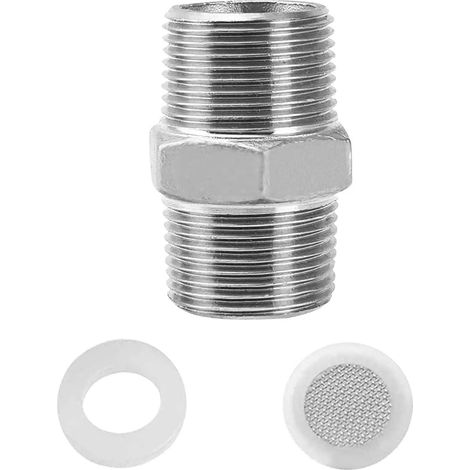 1/2" Raccord Double Fileté en Acier Inoxydable Mamelon Double Connecteur Rallonge de Connecteur de Tuyau de Douche avec Filtre et Anneau en Caoutchouc pour Douche Salle de Bain (1/5)