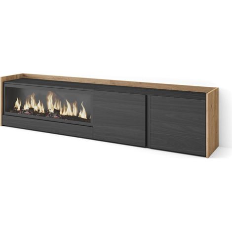 Skraut Home - Mueble TV, Televisión, Muebles de salón, almacenaje, 212x35x50cm, Para TV hasta 80", Chimenea eléctrica XXL, Estilo Moderno, Negro y roble (1/5)