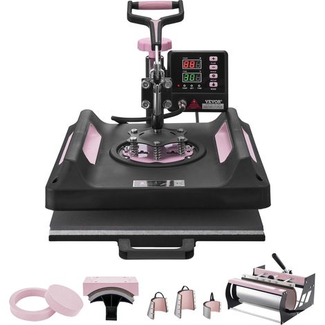 Presse à Chaud 8-en-1, Plaque Chauffante 38x38 cm, Machine de Sublimation Textile avec Presse à Tasses 89 cL, Pivotant à 360°, Pressage Numérique, T-shirt/Chapeau/Tasse/Assiette, Noir et Rose (1/5)