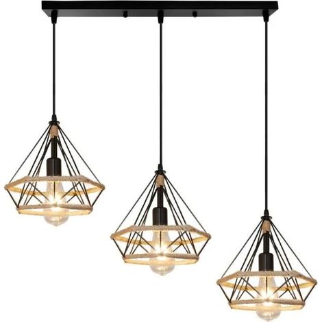 Lampe Suspension Industrielle Rétro - Cage Diamant Métal - Corde de Chanvre - 25 CM (1/4)