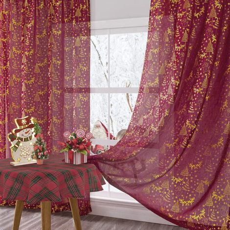 2 Pièces Rideaux Noël - Rideau Voilage Semi (4285cm) -Transparents, Motifs de Noël, Rideu Galon Fronceur, Décoration Moderne pour Fenêtre de Salon Chambre Cuisine, Rideau Rouge,Superbe décoration pour (1/4)