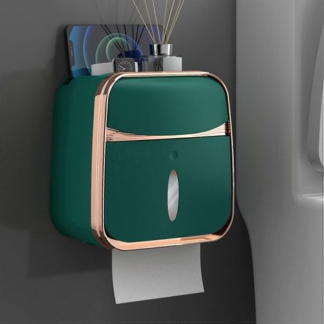 Porte-papier toilette en acier inoxydable avec étagère, accessoires de salle de bain noirs modernes, déflecteur anti-chute (1/5)