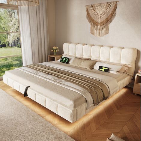 Cama doble 180x200 cm de chenilla beige con almacenaje hidráulico y LED - MEUBLIV (1/5)