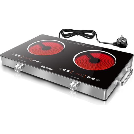 Karinear - Plaque Vitrocéramique 2 Feux Portable avec Poignée, Plaque Electrique Camping, 650℃ Max, Plaque de Cuisson 2 Feux with Prise VDE, Sécurité Enfant, Indicateur de Chaleur Résiduelle, 220-240V (1/5)