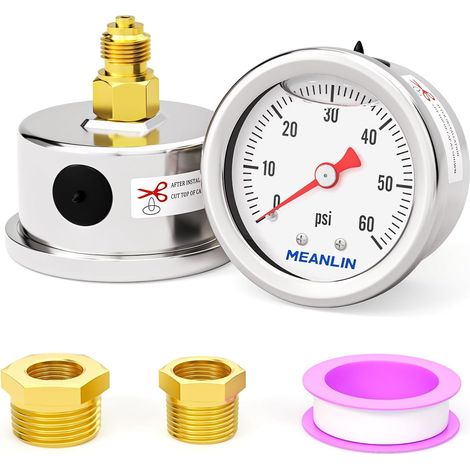 Glycerine Filled Stainless Steel Pressure Gauge, Rear Mount, 1/8" x 1/4" BSP and 1/8"x 3/8" BSP, 1.5" Dial, 0-4BAR/60Psi Range (1/5)