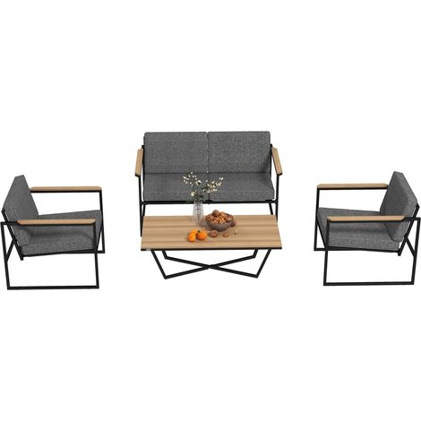 Gartenmöbel Set 4 Personen wetterfest Balkonmöbel-Set mit 2er Sofa, 2 Stühle Sitzkissen Beistelltisch Outdoor Sitzgruppe Terrassenmöbel Gartengarnitur für Garten Terrasse Balkon Grau Aosom