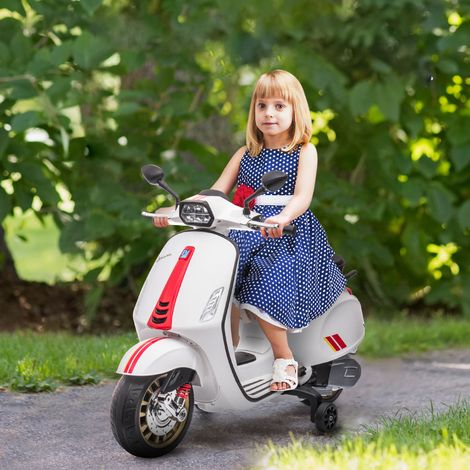 Moto électrique pour enfants de 3 ans et plus avec permis Vespa, port USB MP3, éclairage LED, radio FM, vitesse 3 km/h, charge maximale 35 kg, blanche (1/5)