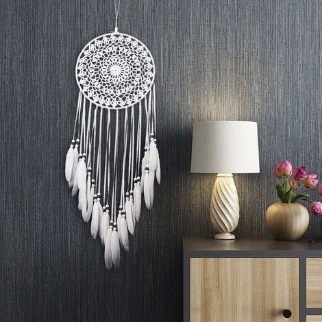 Acchiappasogni da parete con piume bianche, decorazione per la casa, per auto, per la stanza, regalo, 80 cm