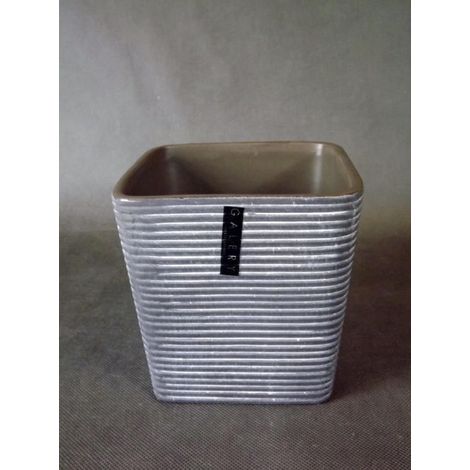 Vaso quadrato in ceramica a righe, grafite e marrone, 13,5x13,5x13 cm (1/2)