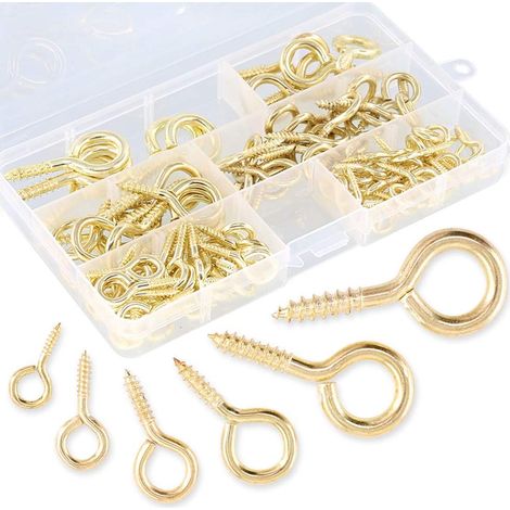 120 Pcs Kit d'Oeillets à Visser en Métal - 6 Tailles, Doré - Crochets à Vis pour Maison/Lieu de Travail/Bureau