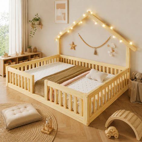 Letto a casetta per bambini 140x200 cm in legno naturale con LED e protezioni - MEUBLIV (1/5)
