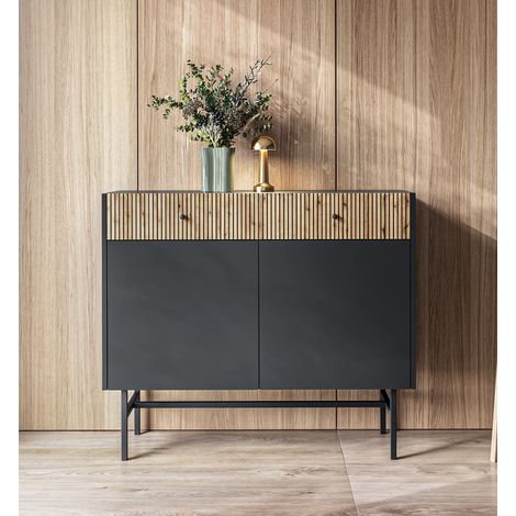 AX LIVING Kommode modern Dinley 104 cm Schwarz mit Eiche-Riffeloptik