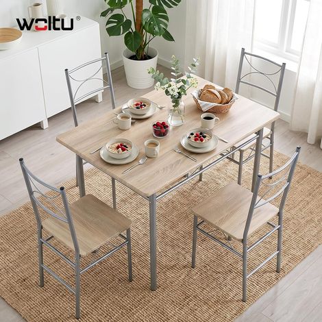 WOLTU Set da Pranzo con 4 Sedie per Cucina Soggiorno Sala da Pranzo Design Industriale Rovere Chiaro + Argento (1/5)