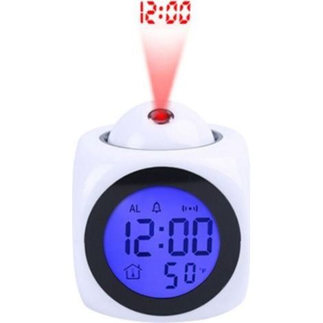 Projecteur d'horloge numérique au Plafond Rétro-éclairage à Piles Affichage LED Horloge de projecteur avec rétro-éclairage Alimenté par Piles Rotation du réveil (Blanc) (1/5)