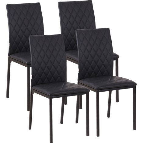 HOMCOM pack de 4 sillas de comedor, respaldo alto con costuras decorativas de diamantes, tapizadas en cuero sintético, patas de acero, negro