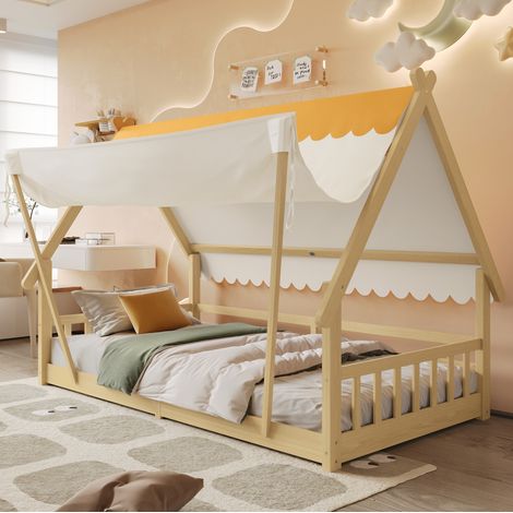 Cama infantil de madera maciza blanco y natural 90x200 cm con diseño de casita, tienda desmontable y somier de láminas (1/5)