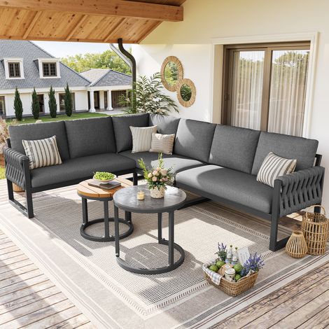 Conjunto de jardín modular gris de 5 plazas, sofás 110x66x86 y mueble rincón 123x68x86, cojines desenfundables (1/5)