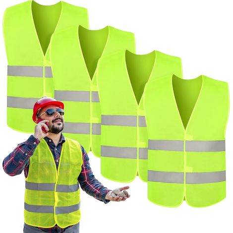 4 Pcs Gilets de Sécurité Réfléchissant,Gilet de Sécurité Jaune Haute Visibilité à 360 °, Gilet Réfléchissantes de Voiture pour Conducteurs, Cycliste, Travailleurs, Unisexe (1/5)