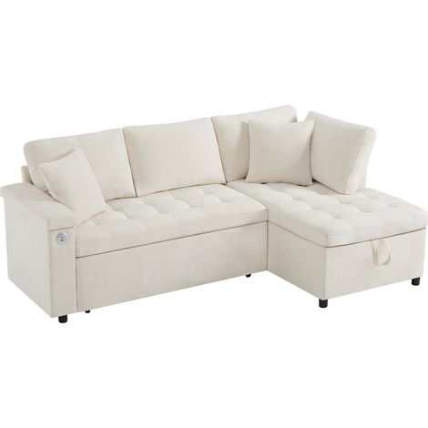 Canapé d'angle en L 3-4 places avec canapé-lit escamotable, rangement intégré et port USB, tissu chenille beige (1/5)