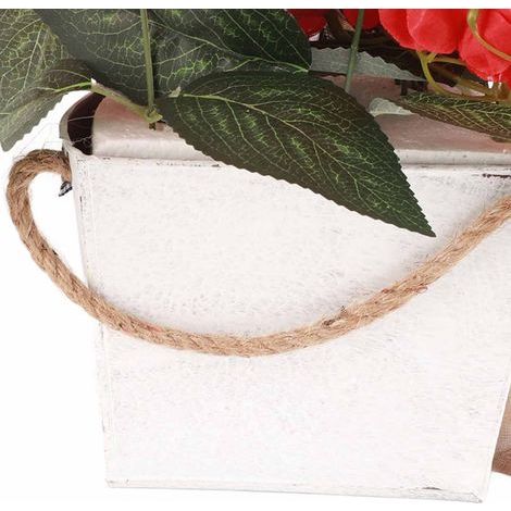 Red geranium door wreath with black and white checkered bow and artificial foliage (1/5)