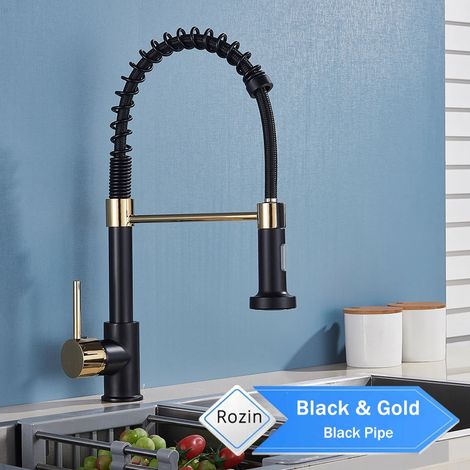 (Black Gold A) Robinet de cuisine noir mat avec douchette extractible, robinets de cuisine haut de gamme, double jet, flexible, mitigeur d'évier, eau chaude et froide. (1/5)