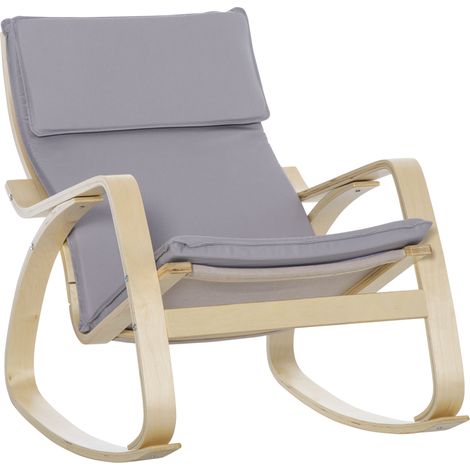 Chaise à bascule relax avec coussin déhoussable, accoudoirs en bois de bouleau, pour salon, 67 x 97 x 84 cm, gris (1/5)