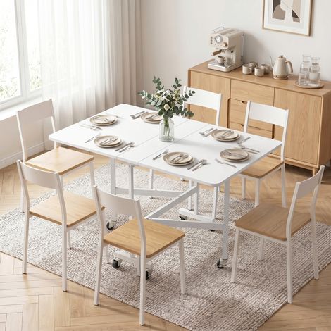 Table à Manger Pliante sur Roulettes pour 4-6 Personnes 120 cm, Roues avec Freins, 2 Abattants, Style Industriel, Blanc (1/5)