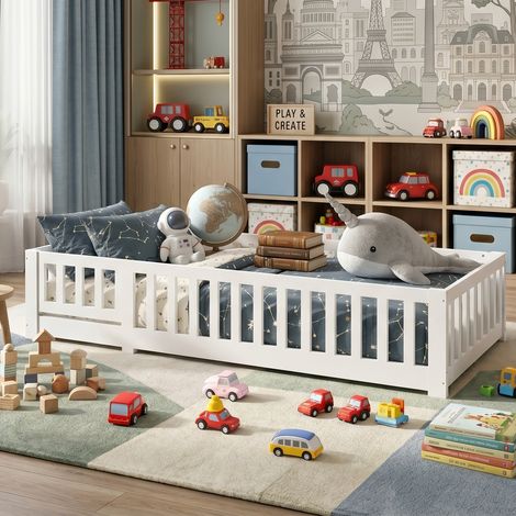Creahappy Lit Enfant au Sol 90x200 cm - Cadre de Lit en Bois Massif avec Barrière anti-chute - Sommier à Lattes - Blanc (1/5)