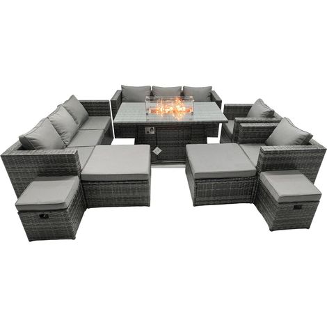Fimous Rattan Garden Furniture Firepit Dining Set 12 Seater Lounge Sofa Table Set with 2 big Footstool (1/5)