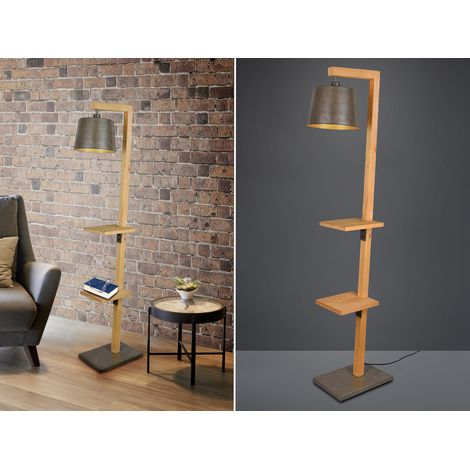 LED Stehlampe aus Holz mit Ablagen & Metallschirm Silber antik, Höhe 165cm (1/5)