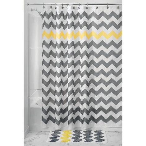 Rideau de douche résistant à la moisissure, 12 œillets métalliques, motif vagues gris/jaune (1/5)